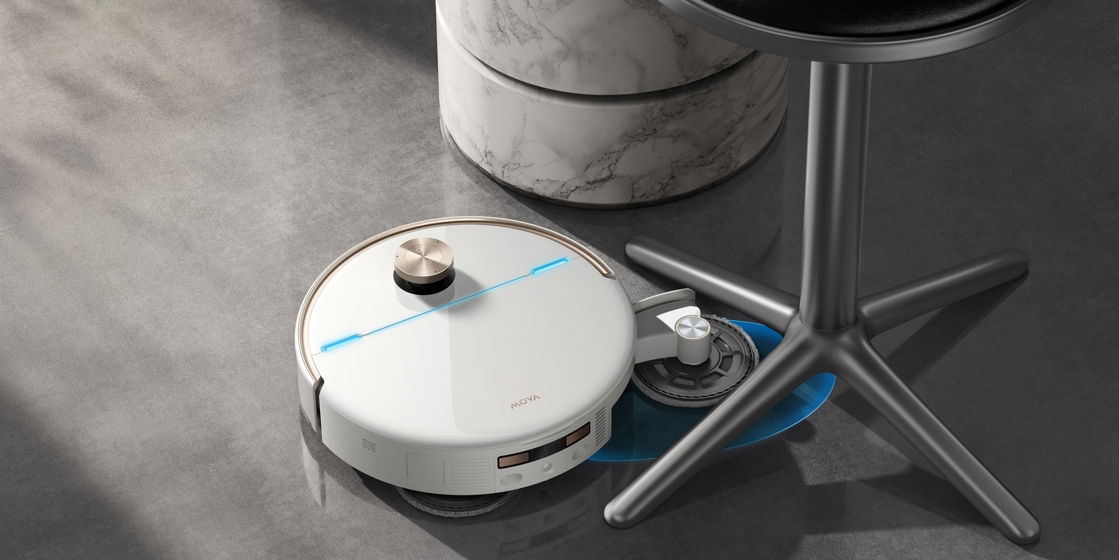 Portée adaptative autour des obstacles complexes Nettoyage à la serpillière sur un large angle de 134°*